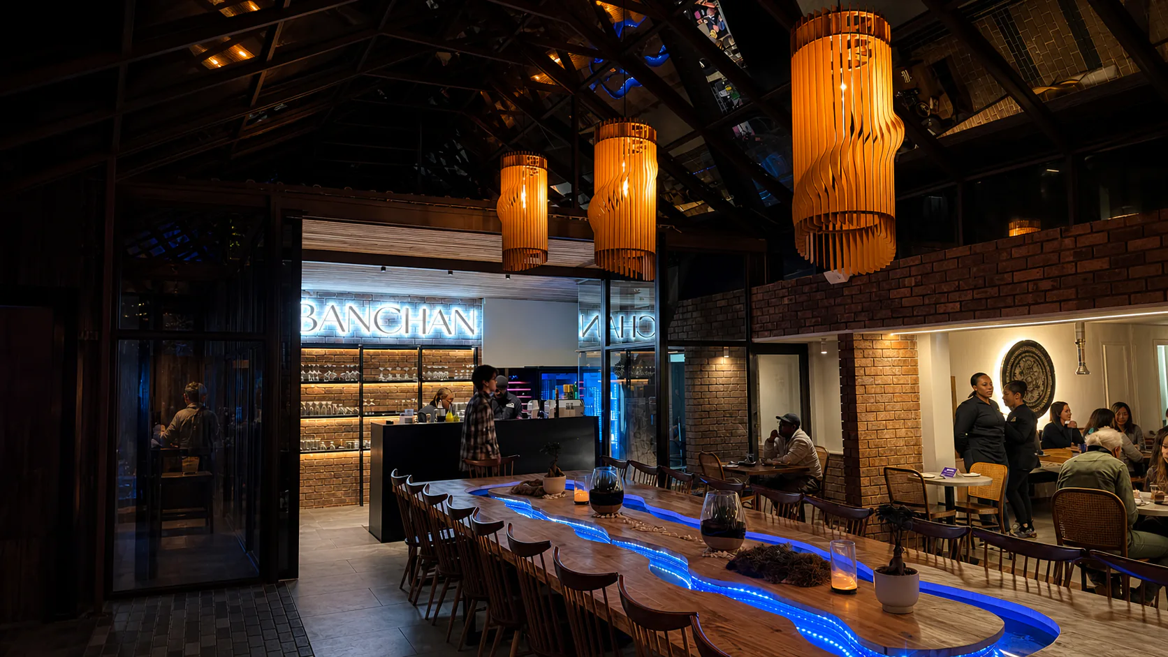 The warm brick-and-timber dining room at Banchan Korean Eatery